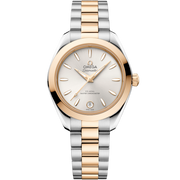 Quadrante argento spazzolato finish soleil con indici applicati e datario a ore 6 dell’Omega Seamaster Aqua Terra 30 mm modello 220.20.30.20.02.001.